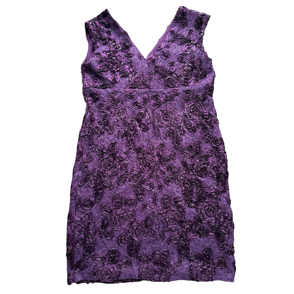 Marina Sheath Dress Size 14 Purple Floral Lace Sequin Embellishments V-Neck - Picture 4 of 10